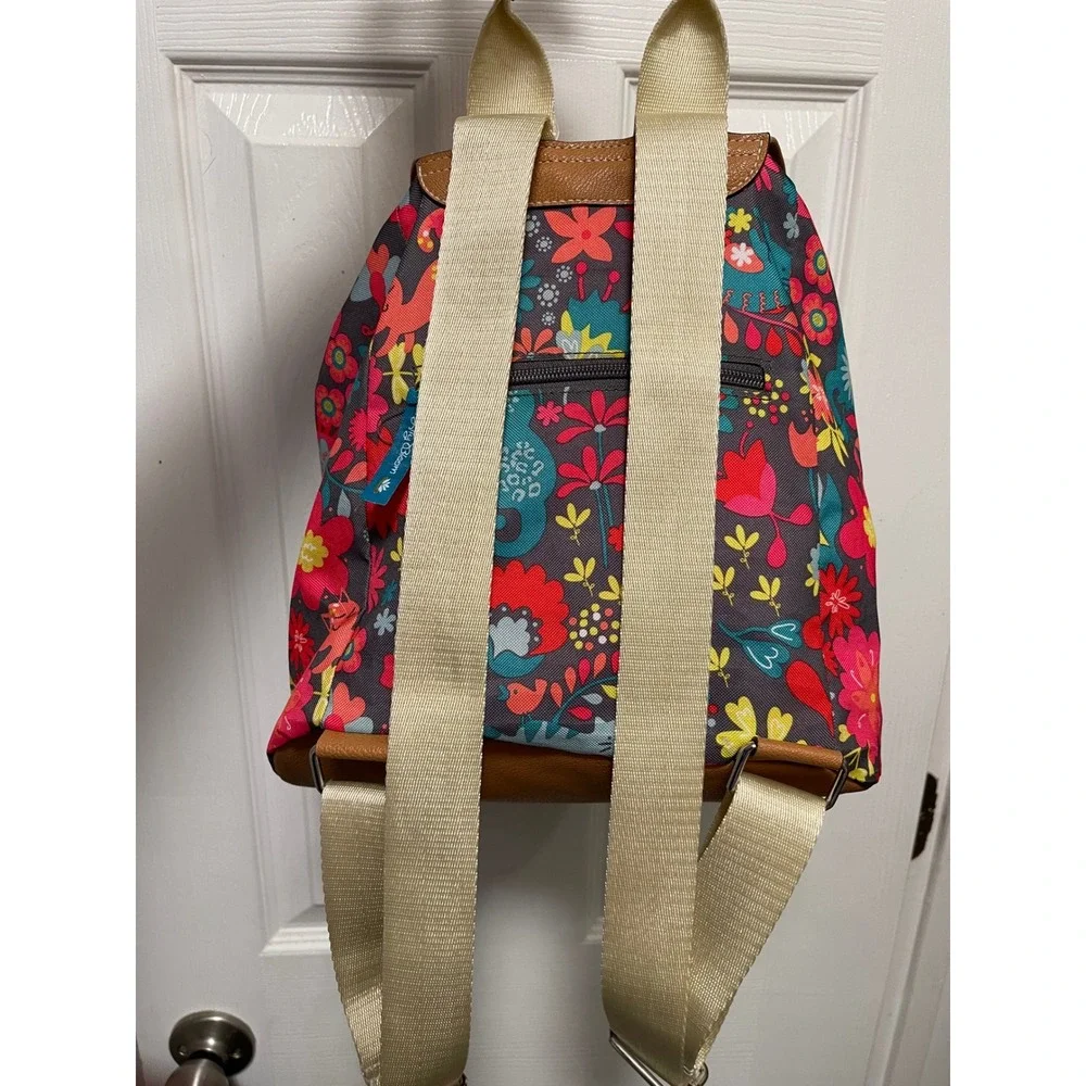 Lily Bloom Floral Cat Print Backpack Multi Color Recycled Fabric Drawstring Bag